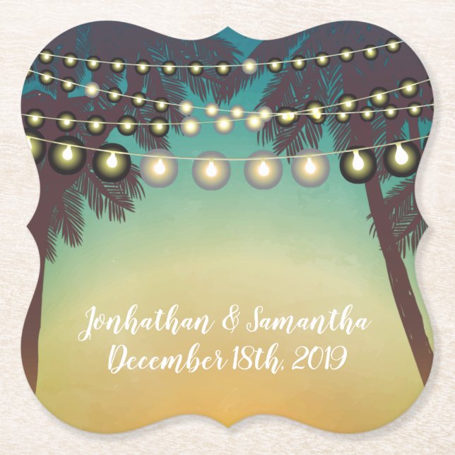 Porta-copo De Papel Beber Coasters Beach Sunset Palm Trees String Ligh (Frente)