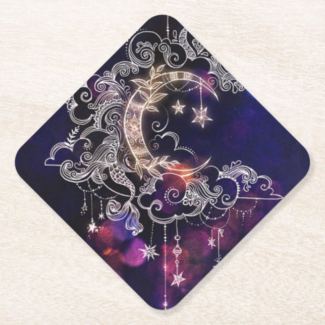 Porta-copo De Papel Belo Boho Lua Estrelas Azul Roxo (Frente)