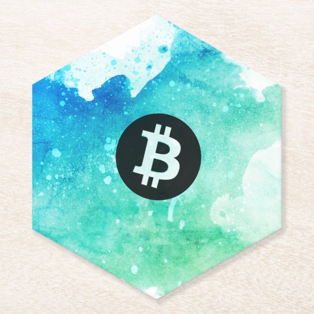Porta-copo De Papel Bitcoin Aquarela (Estilo 5 - Wave Rider) (Frente)