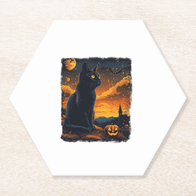 Porta-copo De Papel Black Cat Starry Night Van Gogh Pumpkins Bats Hall (Frente)