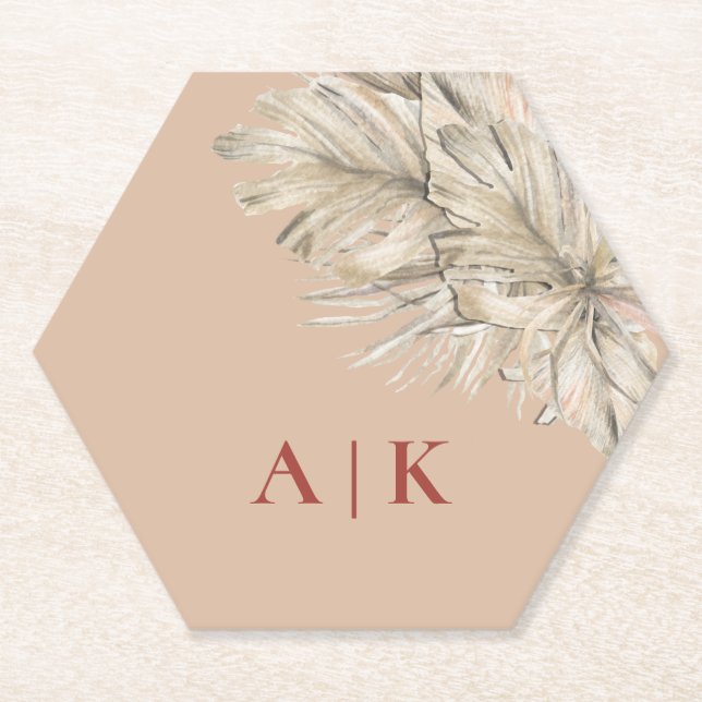 Porta-copo De Papel Boho Palm Hexagon Blush Monogramado (Frente)