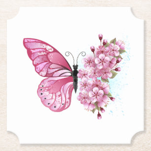 Porta-copo De Papel Borboleta Flor com Sakura Rosa