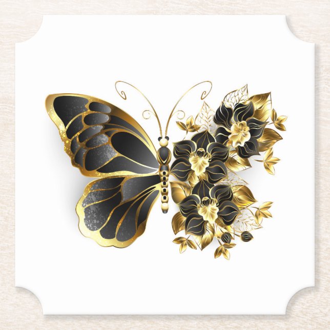 Porta-copo De Papel Borboleta Flor Dourada com Orquídea Preta (Frente)