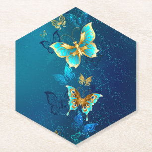 Porta-copo De Papel Borboletas de ouro em um fundo azul