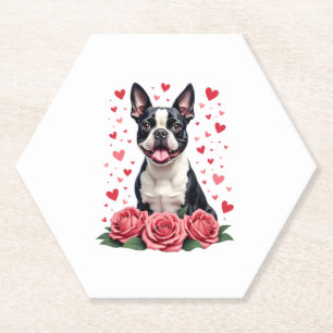 Porta-copo De Papel Boston Terrier com Corações de Rosas Vermelhas Cam