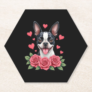 Porta-copo De Papel Boston Terrier com Corações de Rosas Vermelhas Cam
