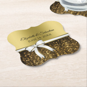 Porta-copo De Papel Brilho Dourado Glam & Fita Branca Casamento Elegan