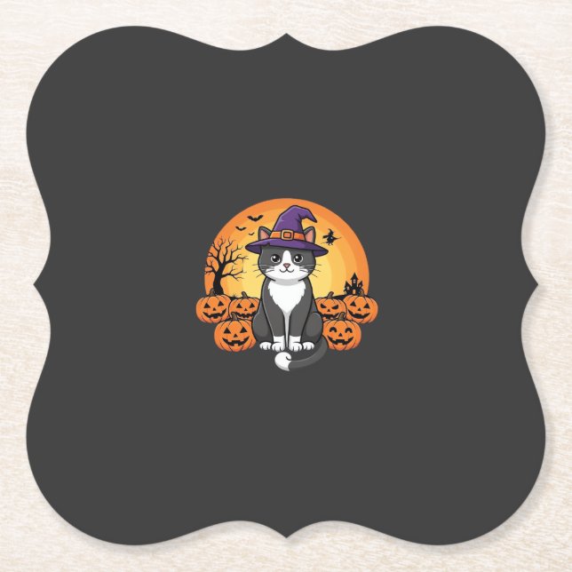 Porta-copo De Papel Bruxa de Halloween Gato Abóbora Lua Design_1 (Frente)