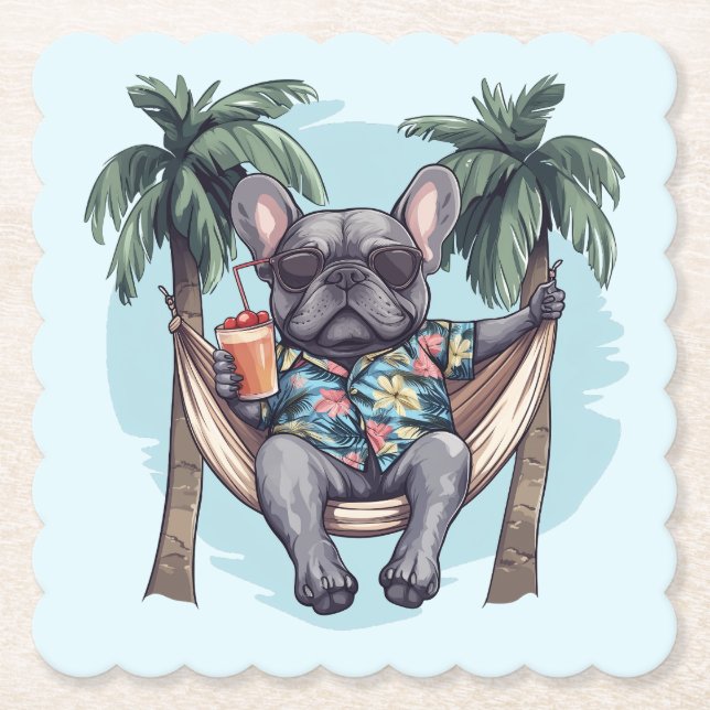 Porta-copo De Papel Bulldog Francês com Top Havaiano (Frente)