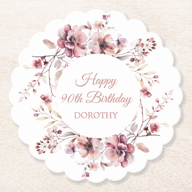 Porta-copo De Papel Burgundy - 90 Floral Rosa Personalizado Aniversári (Frente)