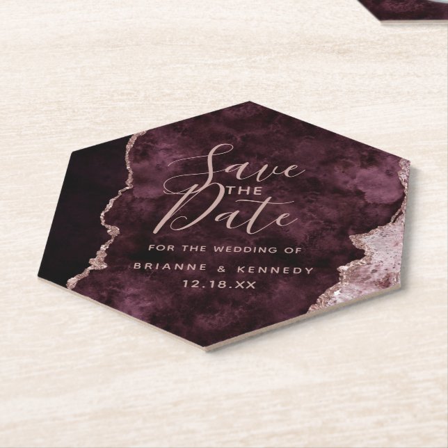 Porta-copo De Papel Burgundy Wine Rosa Dourado Agate Marble Save Date  (Angular)