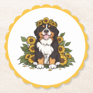 Porta-copo De Papel Cachorro Bernês Fofo Vestindo Coroa de Girassóis