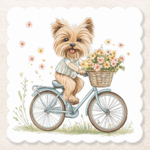 Porta-copo De Papel Cachorro Yorkie Fofo Andando de Bicicleta entre Fl