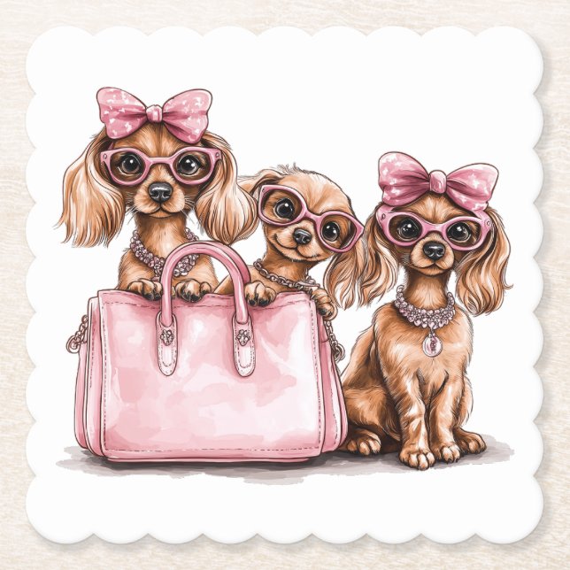 Porta-copo De Papel Cães de Dachshund Fashionáveis, Bolsa Rosa (Frente)
