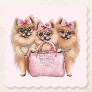 Porta-copo De Papel Cães Pomeranianos Fashionáveis, Bolsa Rosa