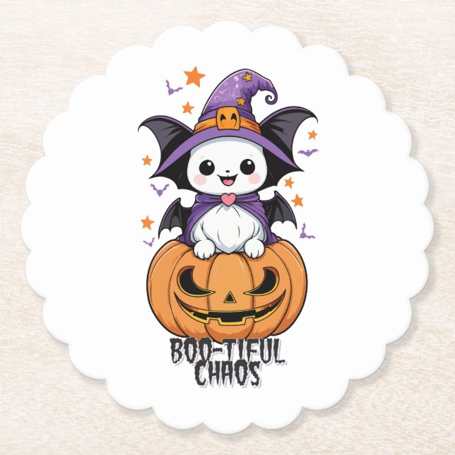 Porta-copo De Papel Caos Bonitos | Morcegos, Chapéus e Abóboras (Frente)