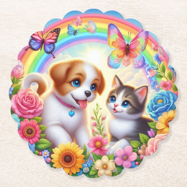 Porta-copo De Papel Cãozinho/cachimbo/arco-íris de gatinho (Frente)