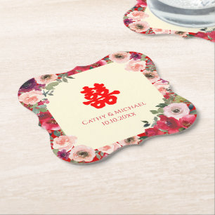 Porta-copo De Papel Casamento chinês jardim floral vermelho dupla feli