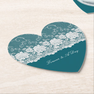 Porta-copo De Papel Casamento com rendas lacrimogêneas brancas de Teal
