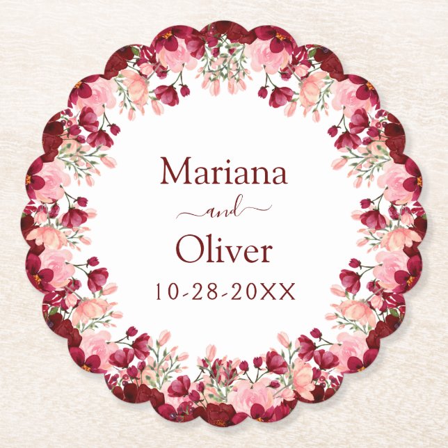 Porta-copo De Papel Casamento de Flores Rosa Borgonha (Frente)