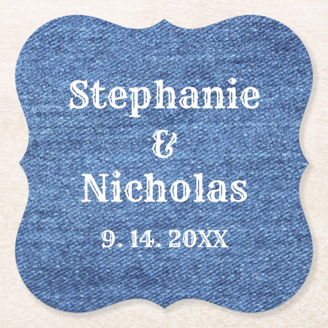 Porta-copo De Papel Casamento de Tema de Denim Branco Azul (Frente)