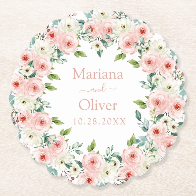 Porta-copo De Papel Casamento Floral Branco Pêssego (Frente)
