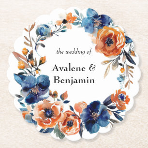 Porta-copo De Papel Casamento Floral de Cor Azul e Laranja