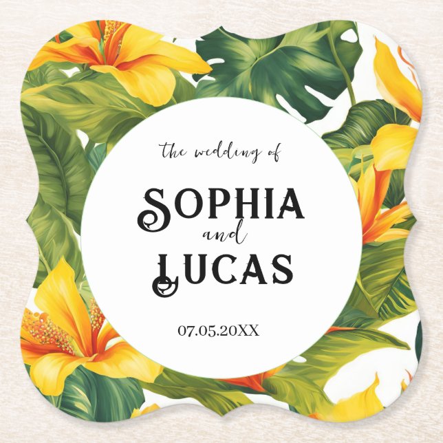 Porta-copo De Papel Casamento Floral Tropical Amarelo (Frente)