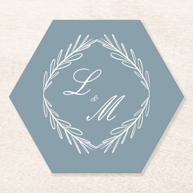 Porta-copo De Papel Casamento Monogram Script Branch Azul Empoeirado (Frente)