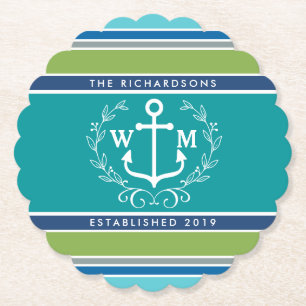 Porta-copo De Papel Casamento Monograma Anchor Laurel Wreath Aqua Stri