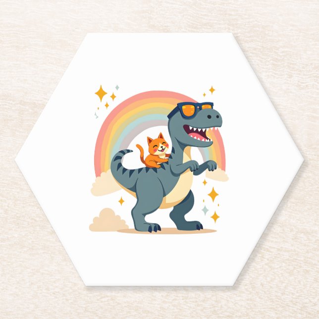 Porta-copo De Papel Cat Riding Dinosaur T-Rex Kitten Rainbow Dino Funn (Frente)