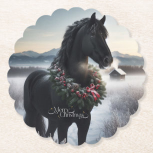 Porta-copo De Papel Cavalo negro na neve com coroa de Natal