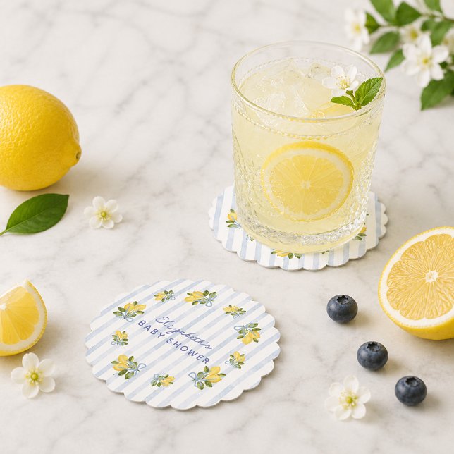 Porta-copo De Papel Chá de Bebê Listra Azul Limão (Blue Stripe Lemon Baby Shower Paper Coaster)