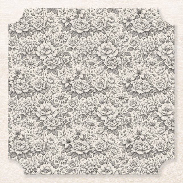 Porta-copo De Papel Charcoal Black and White Etched Flowers Classic (Frente)