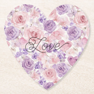 Porta-copo De Papel Chuva de Noiva Corações Flores Rosa Bege Roxo