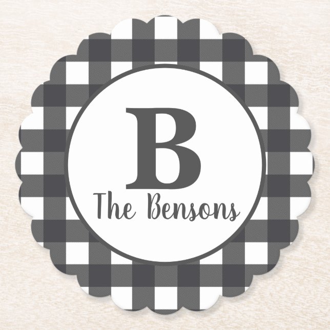 Porta-copo De Papel Cinza clássica Monograma Branco Xadrez Buffalo (Frente)