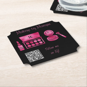 Porta-copo De Papel Código QR de Maquiadora Glam Preta e Rosa Quente