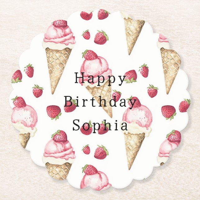 Porta-copo De Papel Cones de Sorvete de Morango Aniversário (Frente)