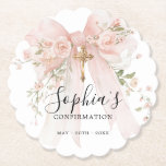 Porta-copo De Papel Confirmation Girl Pink Bow Roses Custom<br><div class="desc">Beautiful blush pink bow with roses decorates this elegant Confirmation round paper coaster with a scalloped edge</div>
