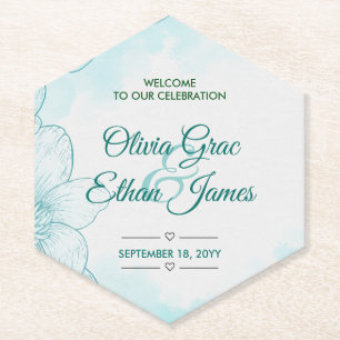 Porta-copo De Papel Convite de Casamento Floral em Aquarela Azul Elega