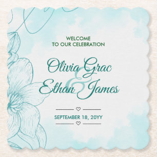 Porta-copo De Papel Convite de Casamento Floral em Aquarela Azul Elega