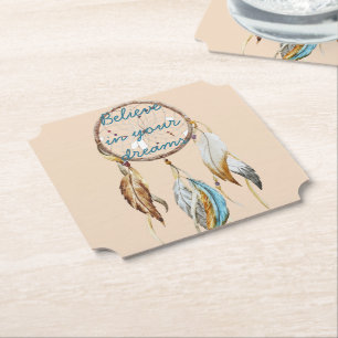 Porta-copo De Papel Cream Castanho Turquesa Penas Brancas Sonho Catche