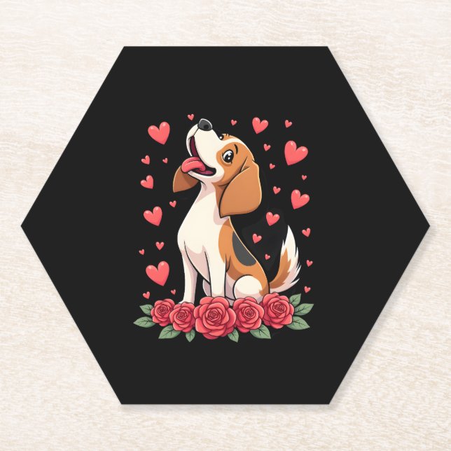Porta-copo De Papel Cute Beagle with Red Roses Hearts Floral Valentine (Frente)