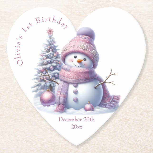 Porta-copo De Papel Cute Pink Snowman Winter Birthday (Frente)