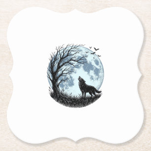Porta-copo De Papel Design Silhueta da Árvore da Lua Uivando Lobo Vint