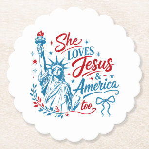 Porta-copo De Papel Ela Ama Jesus e a América Também 4 de Julho Cristo