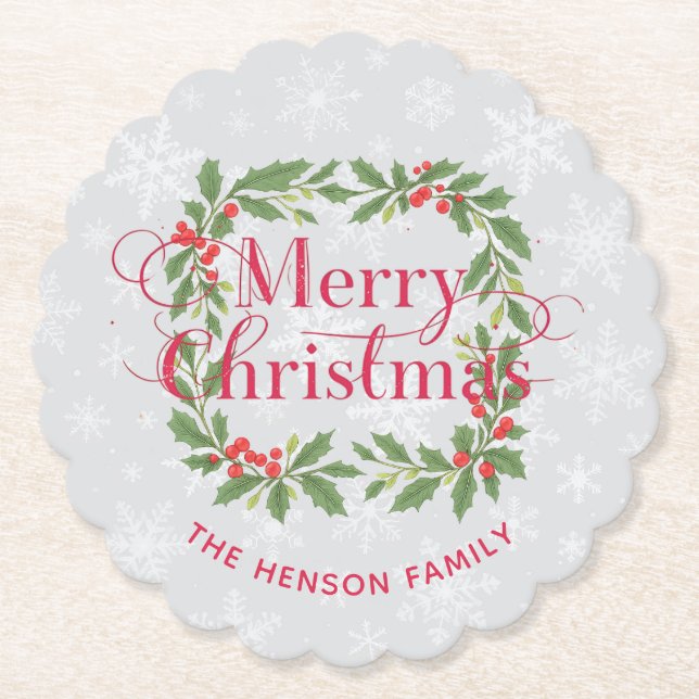 Porta-copo De Papel Elegant Holly Wreath Snowflakes Merry Christmas (Frente)