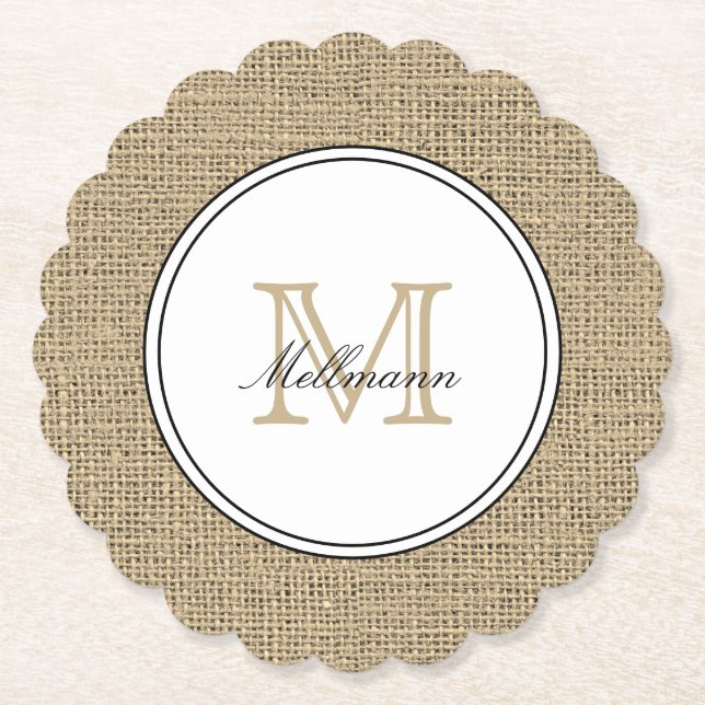 Porta-copo De Papel Elegant Monogram Name Country Chic Style Burlap (Frente)