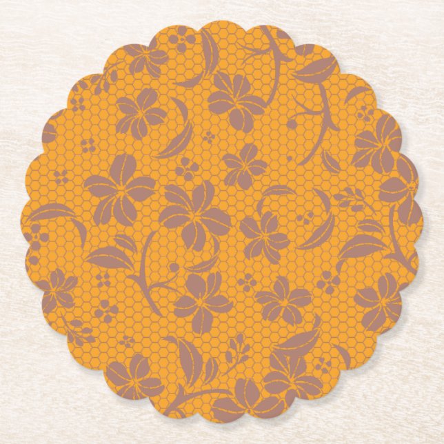 Porta-copo De Papel Elegante Design de Renda Laranja Dourada (Frente)