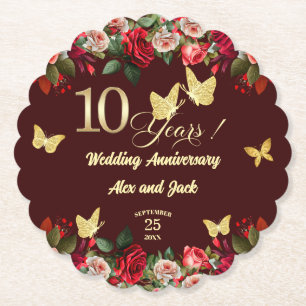 Porta-copo De Papel Elegante Floral Dourado 10º Aniversário de Casamen